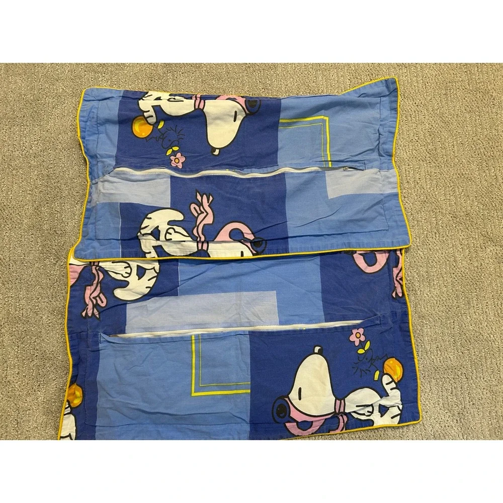 Vintage‎ Peanuts Snoopy Umbrella Pillowcase Set Blue Yellow White Kids Bedding